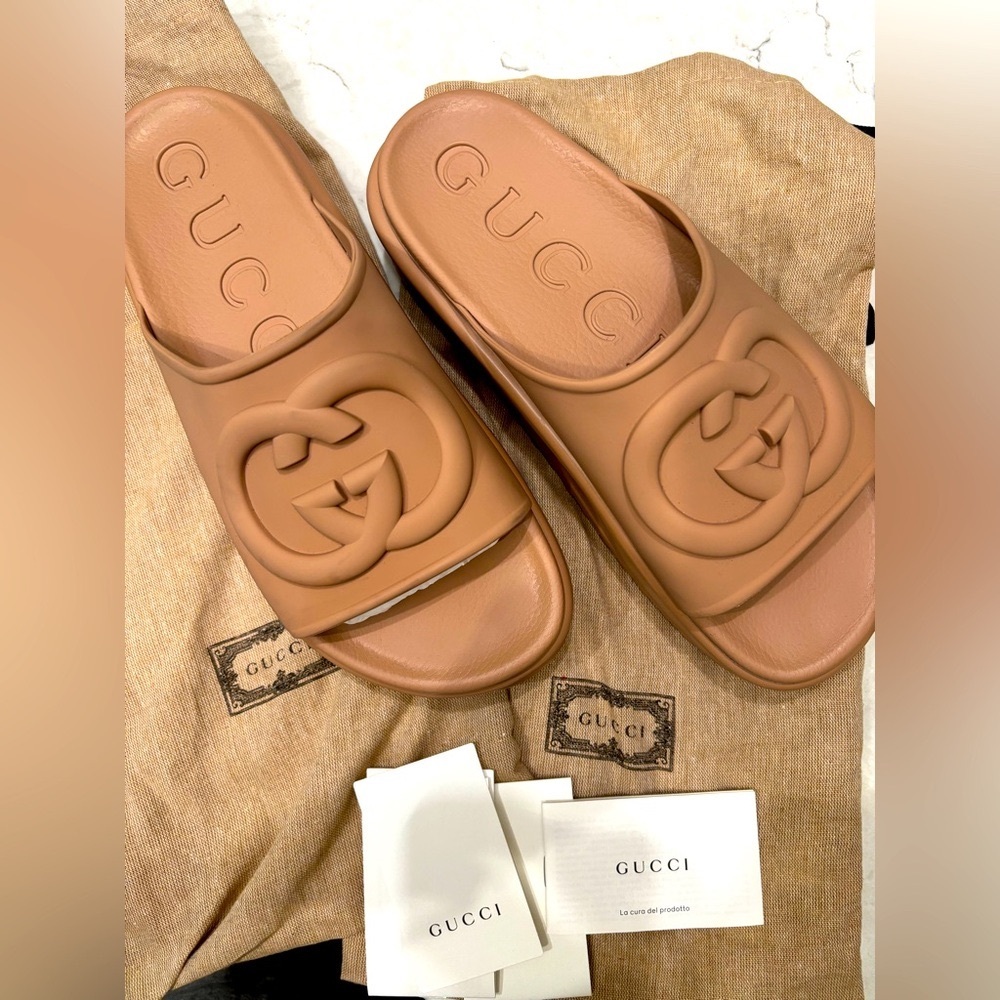 Gucci Beige Embossed Rubber GG Sandals
